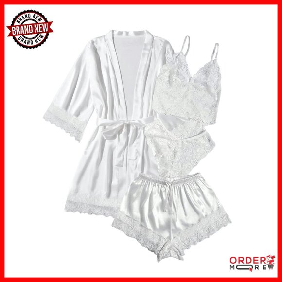 Silk Satin Pajama Set 4pc with Robe Lace Cami Sleepwear Loungewear